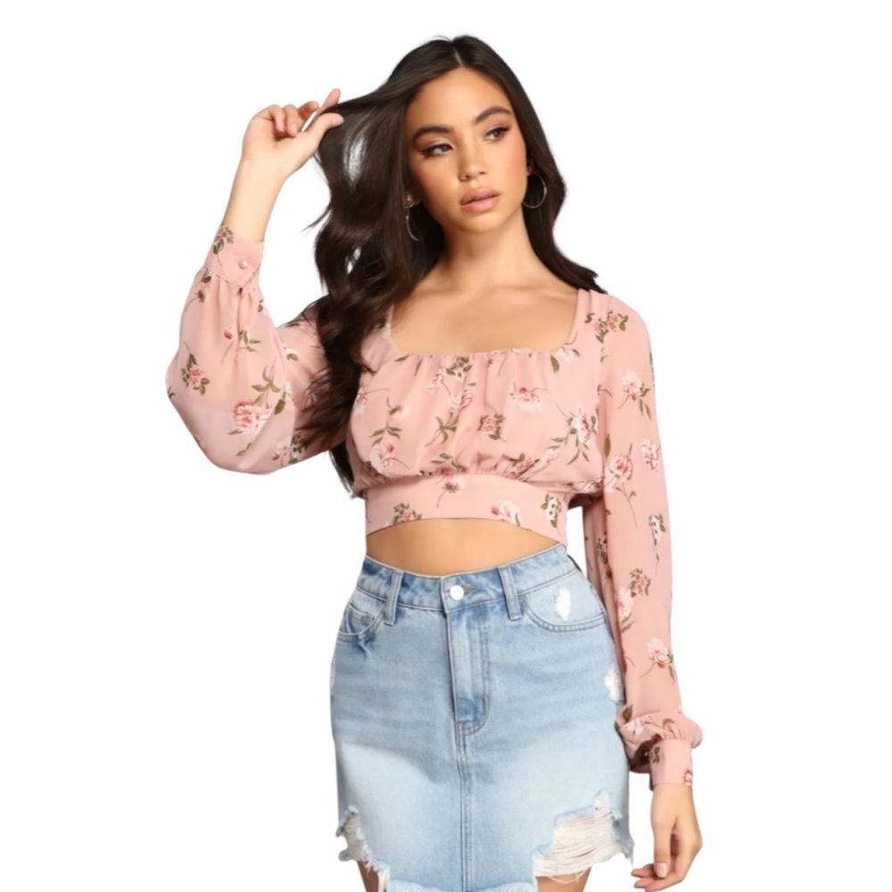 Windsor Pink Floral Crop Top Womens Large Long‎ Sleeve